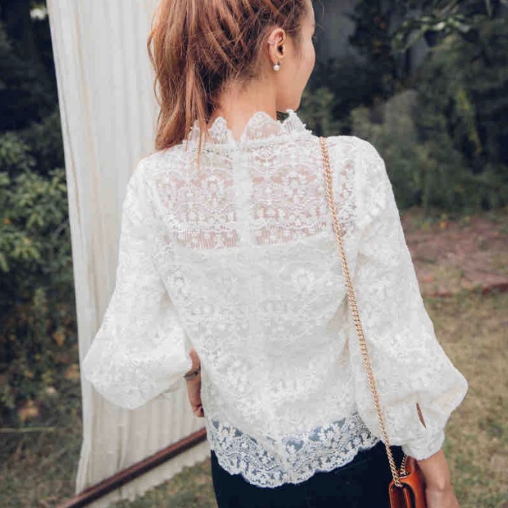 Cute Sheer Lace Top with Puffy Sleeves